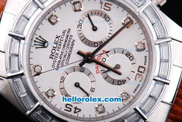 Rolex Daytona Oyster Perpetual Chronometer Automatic with White Diamond Bezel,White Dial and Diamond Marking-Leather Strap - Click Image to Close
